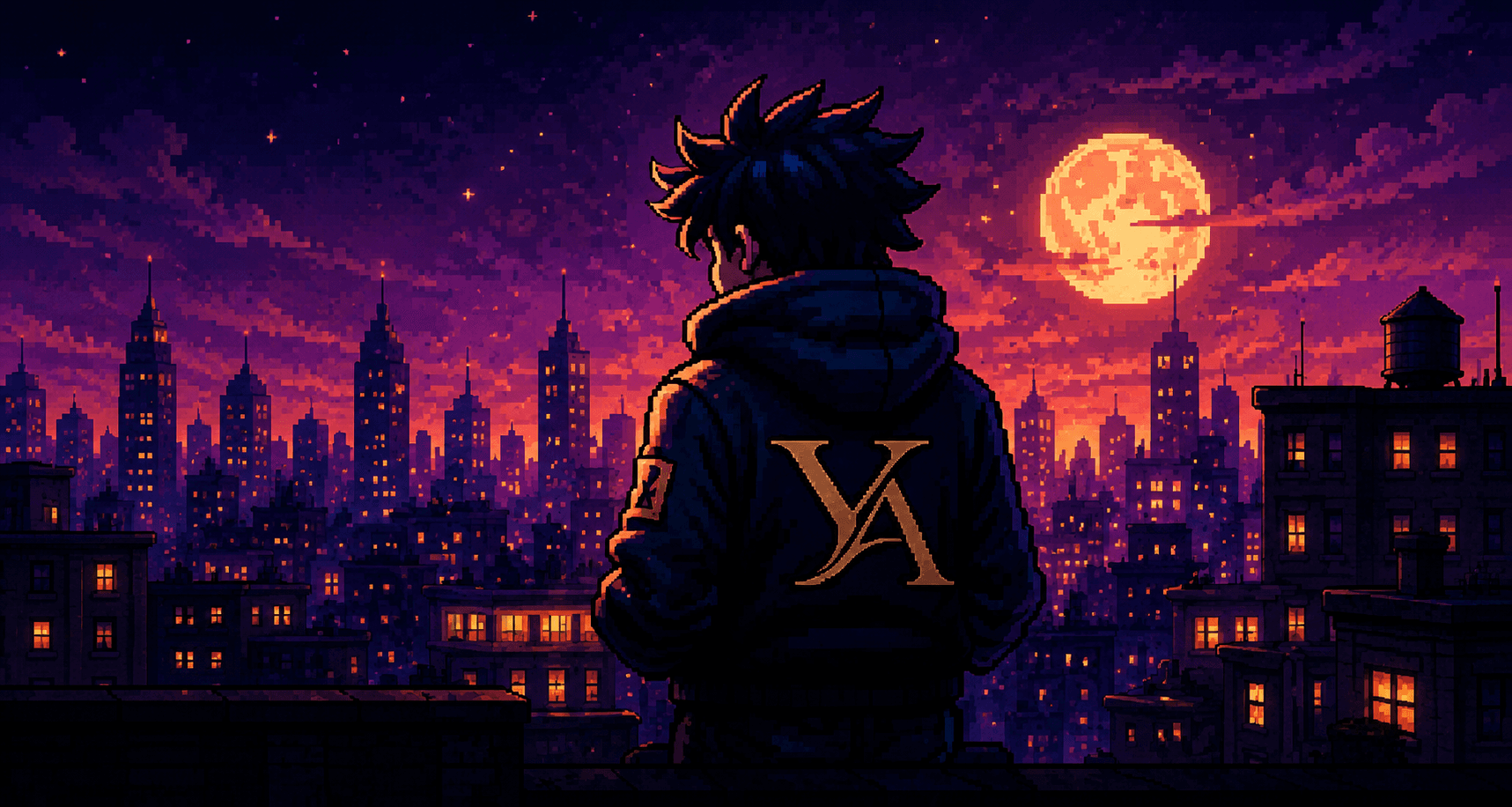 Yusuf looking out over a glowing pixel city